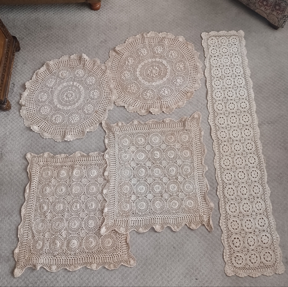Vintage Cotton Crochet Tablecloths and Runner (Bundle of 5 + Bonus Pillowcases!)